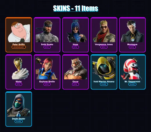 [PC/XBOX/PSN] | Peter Griffin | Solid Snake | Hope | Vengeance Jones | Montague | 11 skin | 10 pickaxe | 6 emote | 9 glider | Lv80