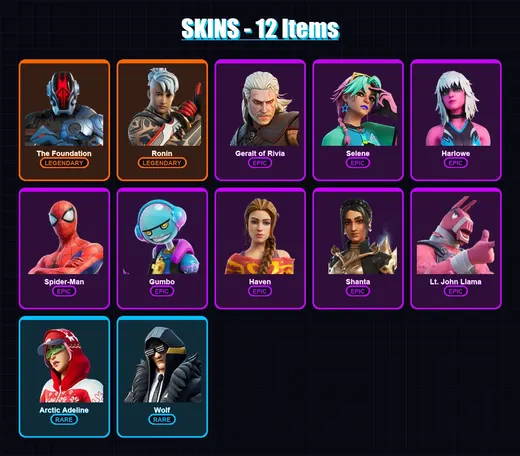 [PC/XBOX/PSN] | The Foundation | Ronin | Geralt of Rivia | Selene | Harlowe | 12 skin | 16 pickaxe | 22 emote | 17 glider | Lv204