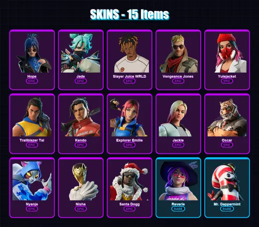 [PC/XBOX/PSN] | Hope | Jade | Slayer Juice WRLD | Vengeance Jones | Yulejacket | 15 skin | 22 pickaxe | 12 emote | 15 glider | Lv125
