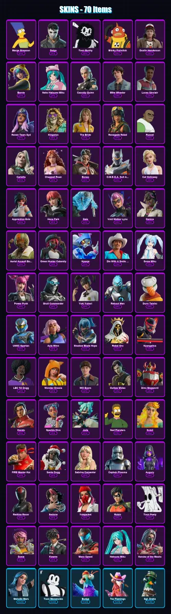 [PC/XBOX/PSN] | Marge Simpson | Daigo | Toon Bushy | Blinky Fishstick | Dustin Henderson | 70 skin | 66 pickaxe | 30 emote | 24 glider | Lv157