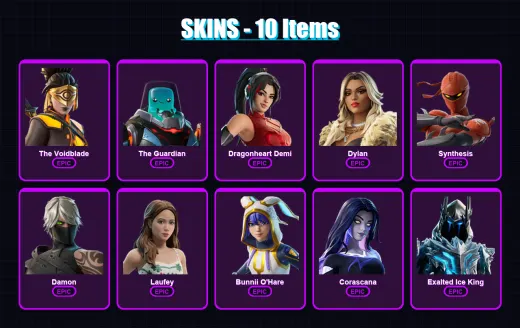 [PC/PSN] | The Voidblade | The Guardian | Dragonheart Demi | Dylan | Synthesis | 10 skin | 8 pickaxe | 2 emote | 7 glider | Lv20