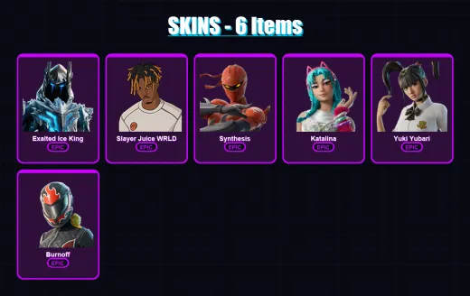 [PC/XBOX] | Exalted Ice King | Slayer Juice WRLD | Synthesis | Katalina | Yuki Yubari | 6 skin | 32 pickaxe | 12 emote | 20 glider | Lv217