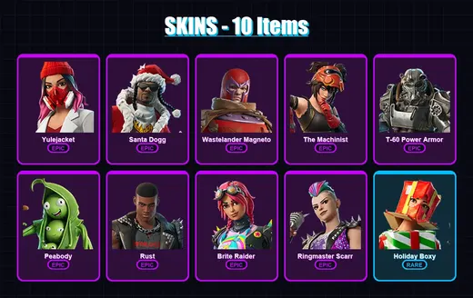 [PC/XBOX] | Yulejacket | Santa Dogg | Wastelander Magneto | The Machinist | T-60 Power Armor | 10 skin | 36 pickaxe | 19 emote | 26 glider | Lv295