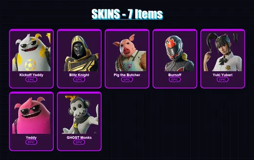 [PC/XBOX/PSN] | Kickoff Yeddy | Blitz Knight | Pig the Butcher | Burnoff | Yuki Yubari | 7 skin | 33 pickaxe | 11 emote | 23 glider | Lv205 — Game account