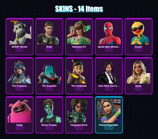 [PC/XBOX/PSN] | GHOST Monks | Wolfe | Heatwave PJ | Spider-Man (Brand New Day) | Cluster | 14 skin | 22 pickaxe | 16 emote | 15 glider | Lv172
