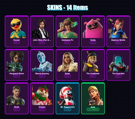 [PC/PSN] | Cluster | John Wick (Pen & Ink) | Heatwave PJ | Yeddy | Explorer Emilie | 14 skin | 36 pickaxe | 19 emote | 31 glider | Lv478