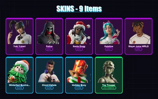 [PC/PSN] | Yuki Yubari | Felina | Santa Dogg | Katalina | Slayer Juice WRLD | 9 skin | 55 pickaxe | 20 emote | 37 glider | Lv516