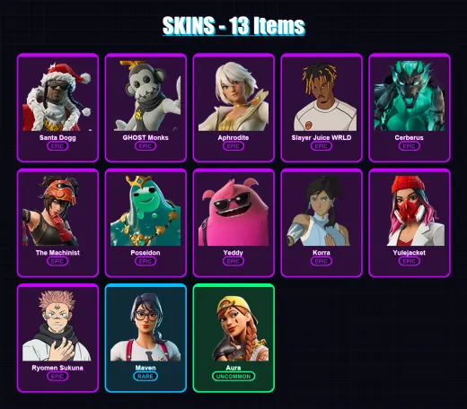 [PS4/PS5/PC] | Santa Dogg | GHOST Monks | Aphrodite | Slayer Juice WRLD | Cerberus | 13 skin | 36 pickaxe | 23 emote | 24 glider | Lv250