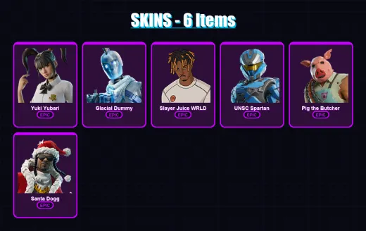 [PC/PSN] | Yuki Yubari | Glacial Dummy | Slayer Juice WRLD | UNSC Spartan | Pig the Butcher | 6 skin | 38 pickaxe | 17 emote | 27 glider | Lv345