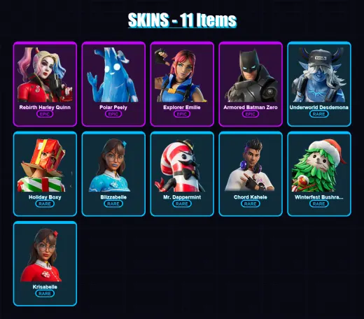 [SWITCH/PSN/PC] | Rebirth Harley Quinn | Polar Peely | Explorer Emilie | 11 skin | Lv461