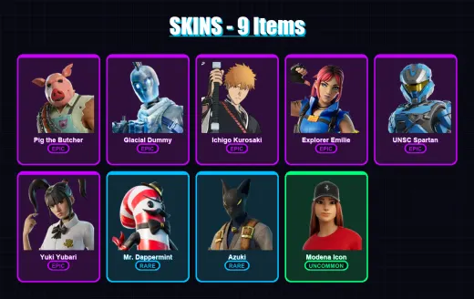 [PC/PSN] | Pig the Butcher | Glacial Dummy | Ichigo Kurosaki | Explorer Emilie | UNSC Spartan | 9 skin | 52 pickaxe | 21 emote | 33 glider | Lv589