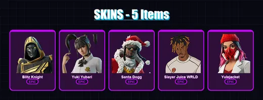 [PC/XBOX/PSN] | Blitz Knight | Yuki Yubari | Santa Dogg | Slayer Juice WRLD | Yulejacket | 5 skin | 21 pickaxe | 6 emote | 12 glider | Lv201 — Game account