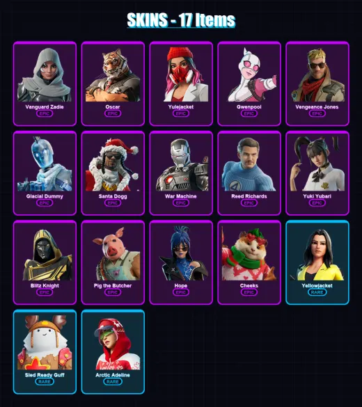 [PC/PSN] | Vanguard Zadie | Oscar | Yulejacket | Gwenpool | Vengeance Jones | 17 skin | 109 pickaxe | 37 emote | 74 glider | Lv1088