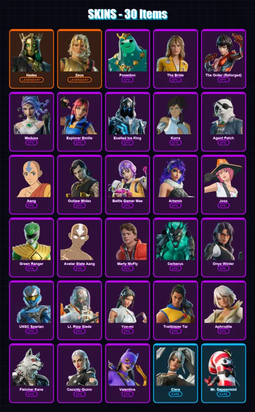 [SWITCH/XBOX/PSN/PC] | Hades | Zeus | Poseidon | The Bride | The Order (Reforged) | 30 skin | 52 pickaxe | 30 emote | 36 glider | Lv422