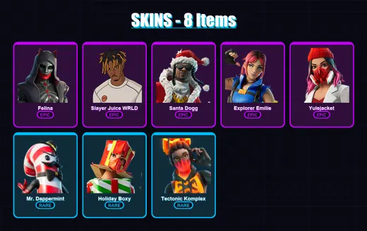 [PC/XBOX/PSN] | Felina | Slayer Juice WRLD | Santa Dogg | Explorer Emilie | Yulejacket | 8 skin | 30 pickaxe | 13 emote | 19 glider | Lv364