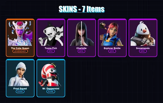 [PC/XBOX/PSN] | The Cube Queen | Toona Fish | Charlotte | Explorer Emilie | Snowmando | 7 skin | 12 pickaxe | 17 emote | 19 glider | Lv478