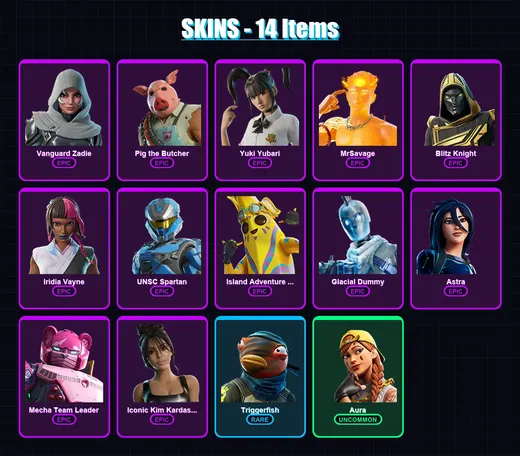 [PC/XBOX/PSN] | Vanguard Zadie | Pig the Butcher | Yuki Yubari | MrSavage | Blitz Knight | 14 skin | 78 pickaxe | 39 emote | 52 glider | Lv1142