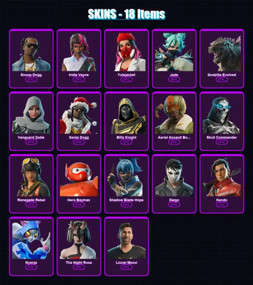 [PC/XBOX/PSN] | Snoop Dogg | Iridia Vayne | Yulejacket | Jade | Godzilla Evolved | 18 skin | 49 pickaxe | 38 emote | 30 glider | Lv480