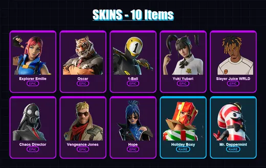 [PC/PSN] | Explorer Emilie | Oscar | 1-Ball | Yuki Yubari | Slayer Juice WRLD | 10 skin | 33 pickaxe | 12 emote | 19 glider | Lv302 — Game account