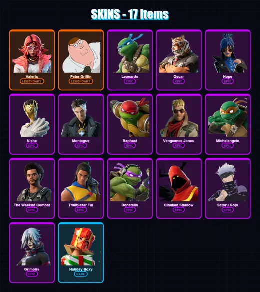 [PC/PSN] | Valeria | Peter Griffin | Leonardo | Oscar | Hope | 17 skin | 20 pickaxe | 13 emote | 16 glider | Lv156