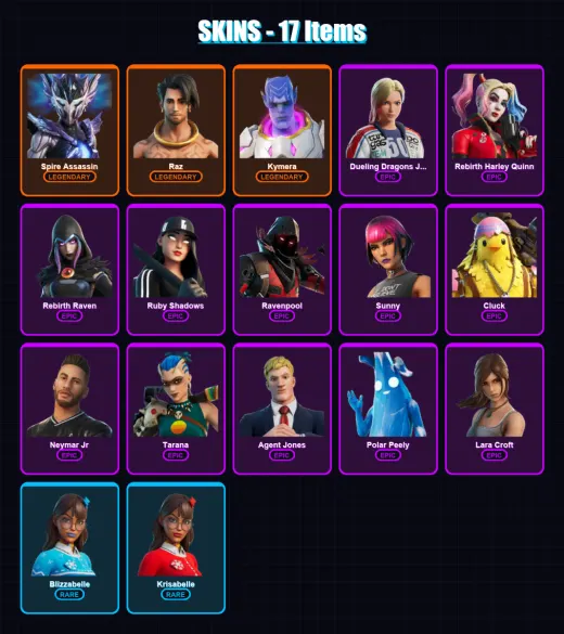 [PC/XBOX/PSN] | Spire Assassin | Raz | Kymera | Dueling Dragons Jackie | Rebirth Harley Quinn | 17 skin | 31 pickaxe | 22 emote | 27 glider | Lv281