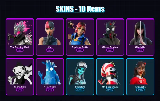 [PC/XBOX/PSN] | The Burning Wolf | Kor | Explorer Emilie | Chaos Origins | Charlotte | 10 skin | 14 pickaxe | 15 emote | 9 glider | Lv145