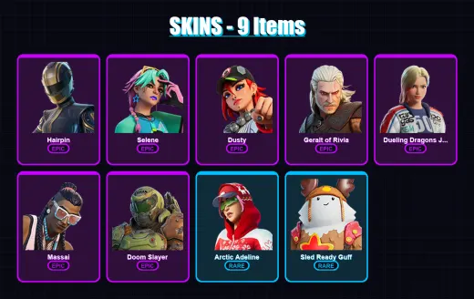 [PC/XBOX/PSN] | Hairpin | Selene | Dusty | Geralt of Rivia | Dueling Dragons Jackie | 9 skin | 10 pickaxe | 8 emote | 13 glider | Lv63