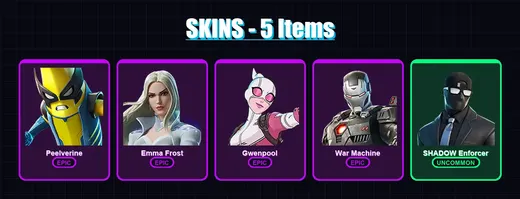 [PC/XBOX/PSN] | Peelverine | Emma Frost | Gwenpool | War Machine | SHADOW Enforcer | 5 skin | 5 pickaxe | 6 emote | 5 glider | Lv41 — Game account