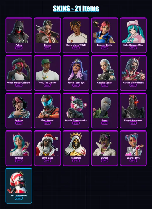 [PC/XBOX/PSN] | Felina | Bones | Slayer Juice WRLD | Explorer Emilie | Neko Hatsune Miku | 21 skin | 45 pickaxe | 24 emote | 26 glider | Lv450