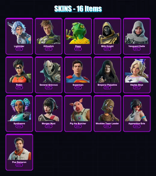 [PC/PSN] | Lightrider | Killswitch | Ziggy | Blitz Knight | Vanguard Zadie | 16 skin | 59 pickaxe | 31 emote | 42 glider | Lv393