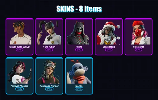 [PC/PSN] | Slayer Juice WRLD | Yuki Yubari | Felina | Santa Dogg | Yulejacket | 8 skin | 60 pickaxe | 33 emote | 43 glider | Lv1058