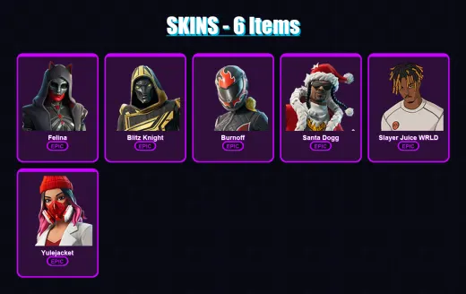 [PC/PSN] | Felina | Blitz Knight | Burnoff | Santa Dogg | Slayer Juice WRLD | 6 skin | 42 pickaxe | 19 emote | 26 glider | Lv307