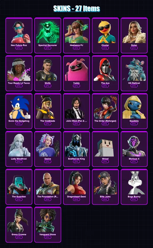 [PS4/PS5/XBOX/PC] | Neo Future Rox | Spectral Devourer | Heatwave PJ | Cluster | Dylan | 27 skin | 39 pickaxe | 27 emote | 32 glider | Lv470 — Game account