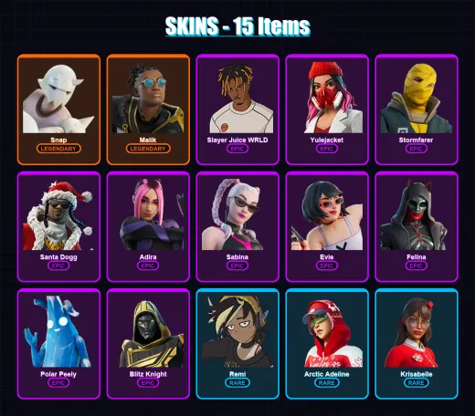 [PS4/PS5/XBOX/PC] | Snap | Malik | Slayer Juice WRLD | Yulejacket | Stormfarer | 15 skin | 83 pickaxe | 38 emote | 64 glider | Lv1012