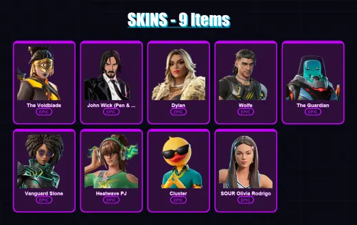 [PS4/PS5/XBOX/PC] | The Voidblade | John Wick (Pen & Ink) | Dylan | Wolfe | The Guardian | 9 skin | 20 pickaxe | 17 emote | 17 glider | Lv199
