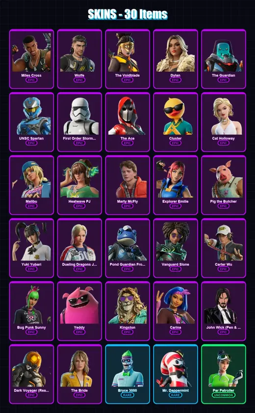 [PS4/PS5/PC] | Miles Cross | Wolfe | The Voidblade | Dylan | The Guardian | 30 skin | 66 pickaxe | 39 emote | 44 glider | Lv687