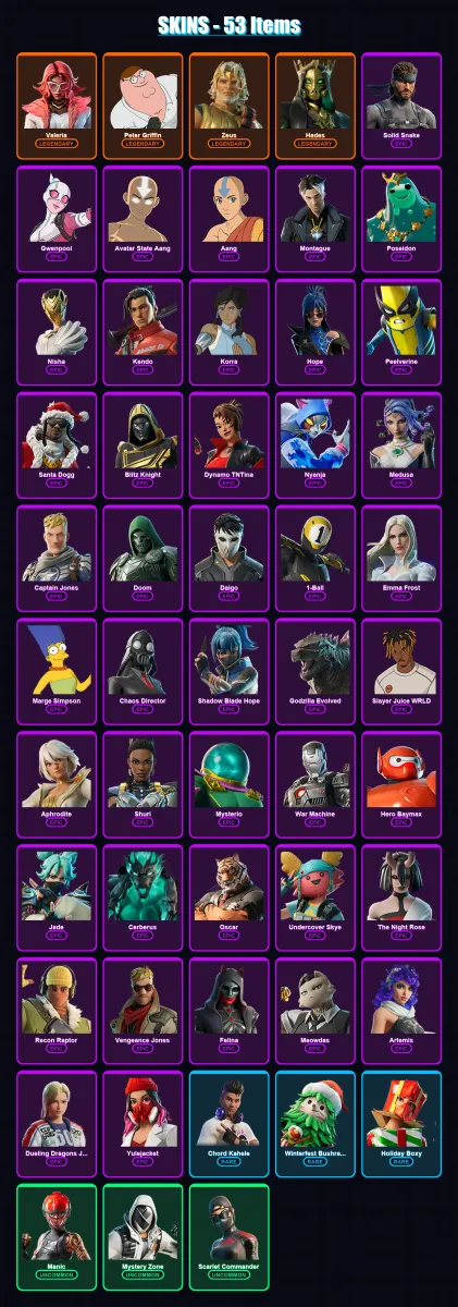 [PS4/PS5/XBOX/PC] | Valeria | Peter Griffin | Zeus | Hades | Solid Snake | 53 skin | 96 pickaxe | 66 emote | 64 glider | Lv964