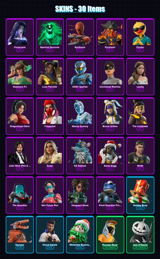 [PS4/PS5/XBOX/PC] | Corascana | Spectral Devourer | Synthesis | Pyreheart | Cluster | 30 skin | 88 pickaxe | 49 emote | 68 glider | Lv1233