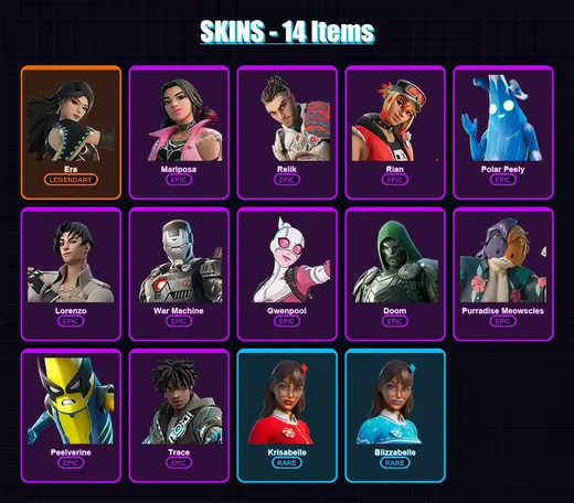 [PC/XBOX/PSN] | Era | Mariposa | Relik | Rian | Polar Peely | 14 skin | 22 pickaxe | 24 emote | 27 glider | Lv355