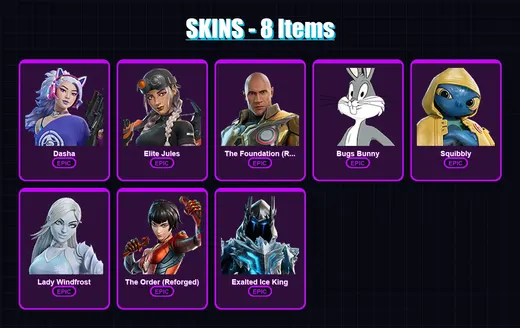 [PC/XBOX/PSN] | Dasha | Elite Jules | The Foundation (Reforged) | Bugs Bunny | Squibbly | 8 skin | 17 pickaxe | 12 emote | 17 glider | Lv155