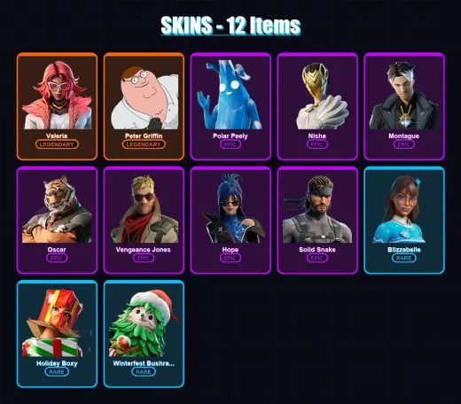 [PC/XBOX/PSN] | Valeria | Peter Griffin | Polar Peely | Nisha | Montague | 12 skin | 25 pickaxe | 22 emote | 20 glider | Lv301 — Game account