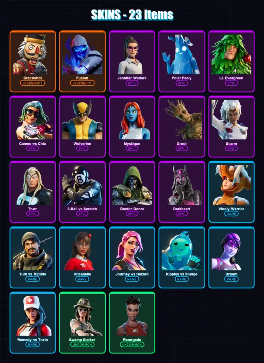 [PC/PSN] | Crackshot | Fusion | Jennifer Walters | Polar Peely | Lt. Evergreen | 23 skin | 32 pickaxe | 29 emote | 27 glider | Lv537