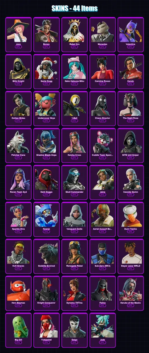 [PS4/PS5/XBOX/PC] | Joss | Bones | Rebel Oro | Meowdas | Valentina | 44 skin | 73 pickaxe | 46 emote | 47 glider | Lv955 — Game account