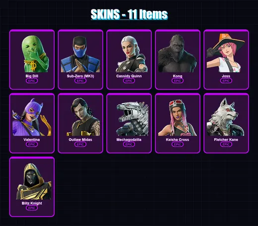 [PC/XBOX] | Big Dill | Sub-Zero (MK3) | Cassidy Quinn | Kong | Joss | 11 skin | 35 pickaxe | 24 emote | 26 glider | Lv340