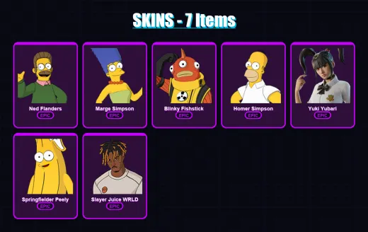 [PS4/PS5/XBOX/PC] | Ned Flanders | Marge Simpson | Blinky Fishstick | Homer Simpson | Yuki Yubari | 7 skin | 25 pickaxe | 15 emote | 19 glider | Lv2