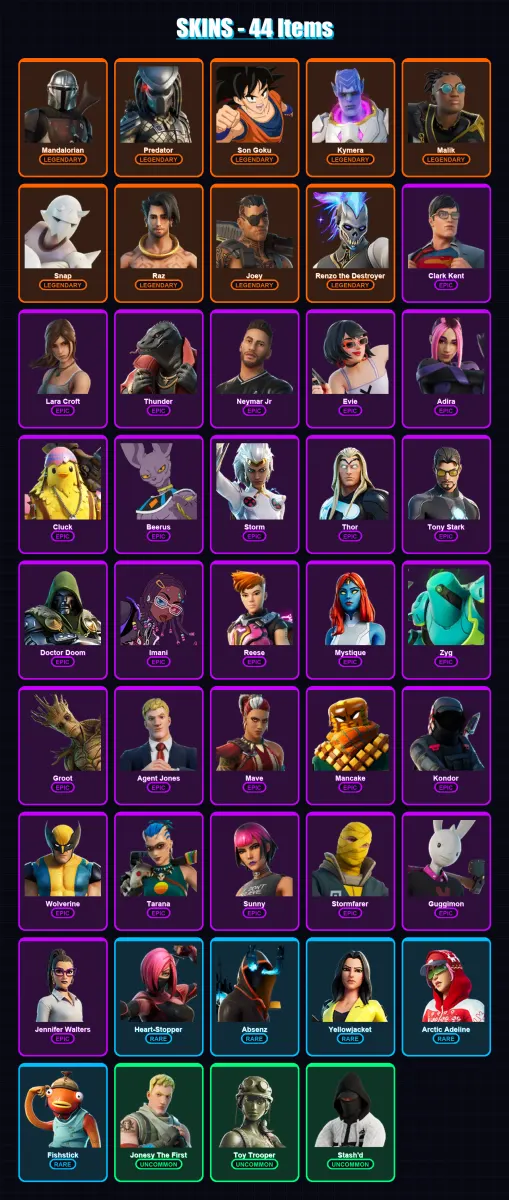 [PS4/PS5/XBOX/PC] | Mandalorian | Predator | Son Goku | Kymera | Malik | 44 skin | 60 pickaxe | 42 emote | 53 glider | Lv761