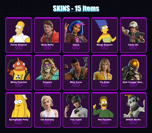 [PC/PSN] | Homer Simpson | Marty McFly | Carina | Marge Simpson | Carter Wu | 15 skin | 26 pickaxe | 23 emote | 22 glider | Lv222 — Game account