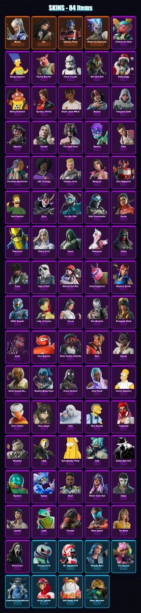 [PS4/PS5/XBOX/PC] | Mizuki | Era | Optimus Prime | Renzo the Destroyer | Undercover Skye | 84 skin | 113 pickaxe | 83 emote | 78 glider | Lv1643