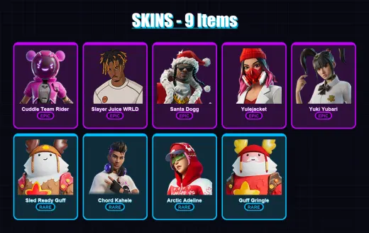 [PC/XBOX] | Cuddle Team Rider | Slayer Juice WRLD | Santa Dogg | Yulejacket | Yuki Yubari | 9 skin | 25 pickaxe | 12 emote | 22 glider | Lv161