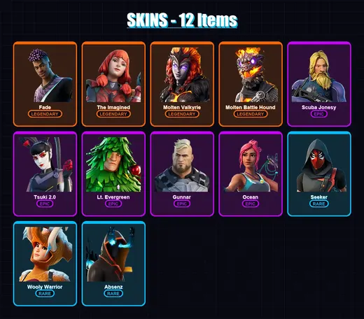 [PC/PSN] | Fade | The Imagined | Molten Valkyrie | Molten Battle Hound | Scuba Jonesy | 12 skin | 17 pickaxe | 15 emote | 17 glider | Lv226
